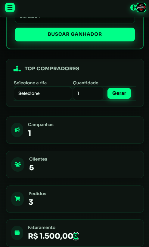 Painel com buscar ganhador e faturamento