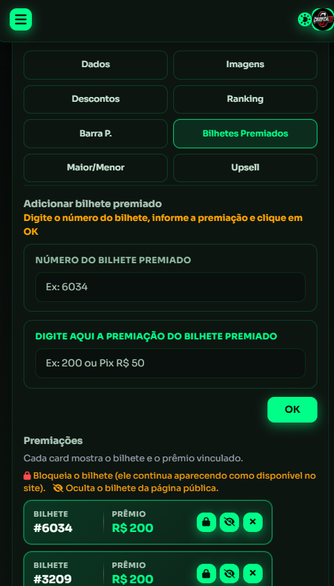 Bilhetes premiados no painel
