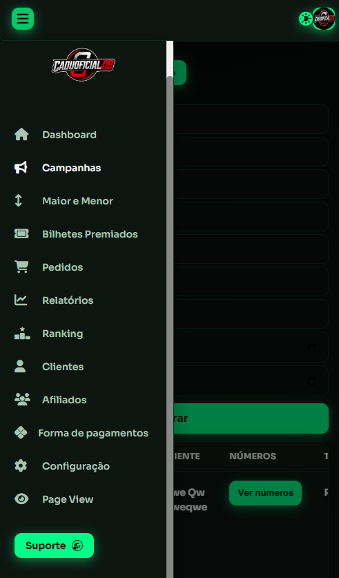 Menu lateral do painel administrativo